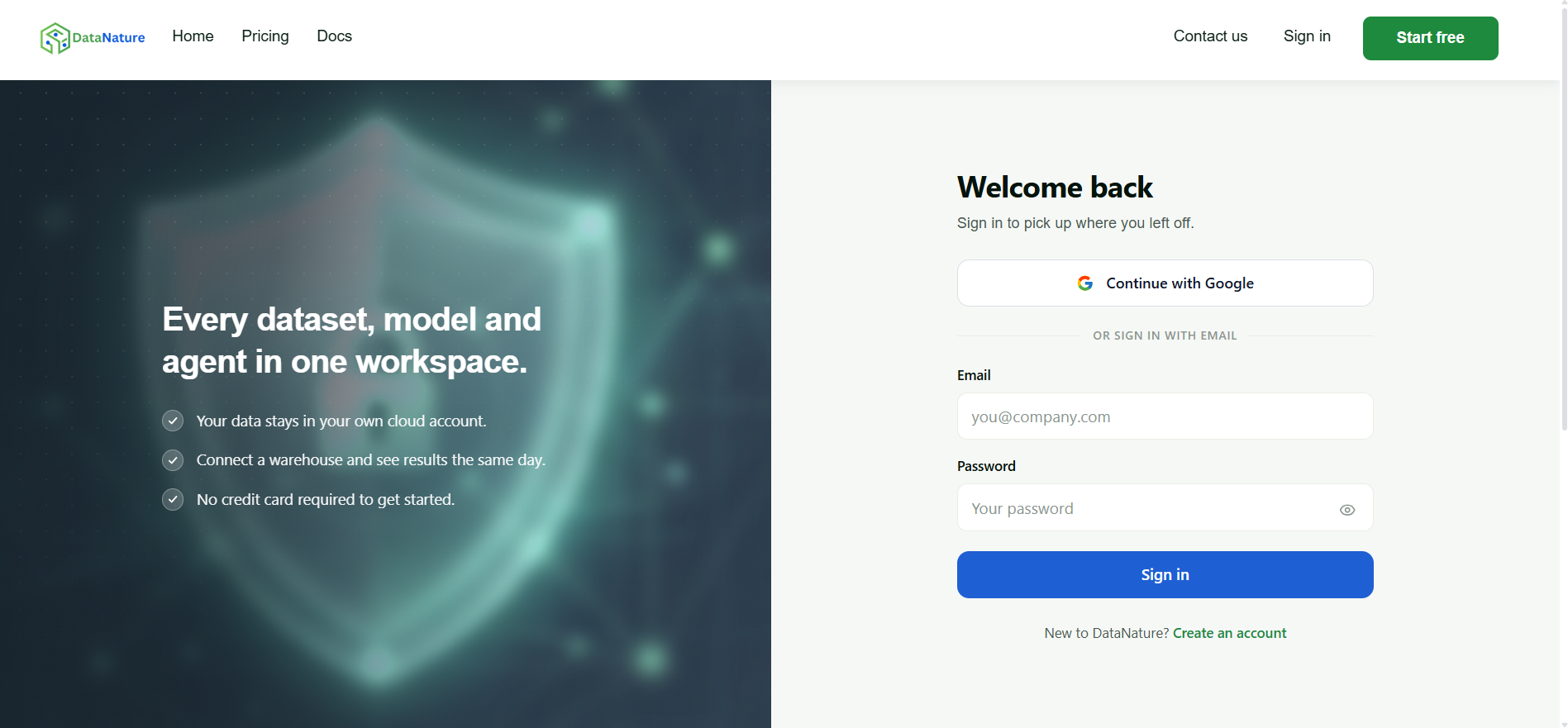 DataNature sign-in page